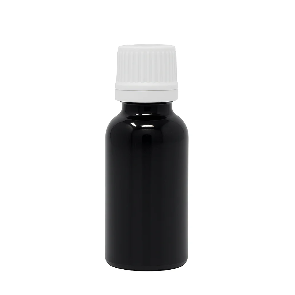 Black Glass Aromatherapy Bottle 18mm Neck With White Fast Flow Dropper Cap
