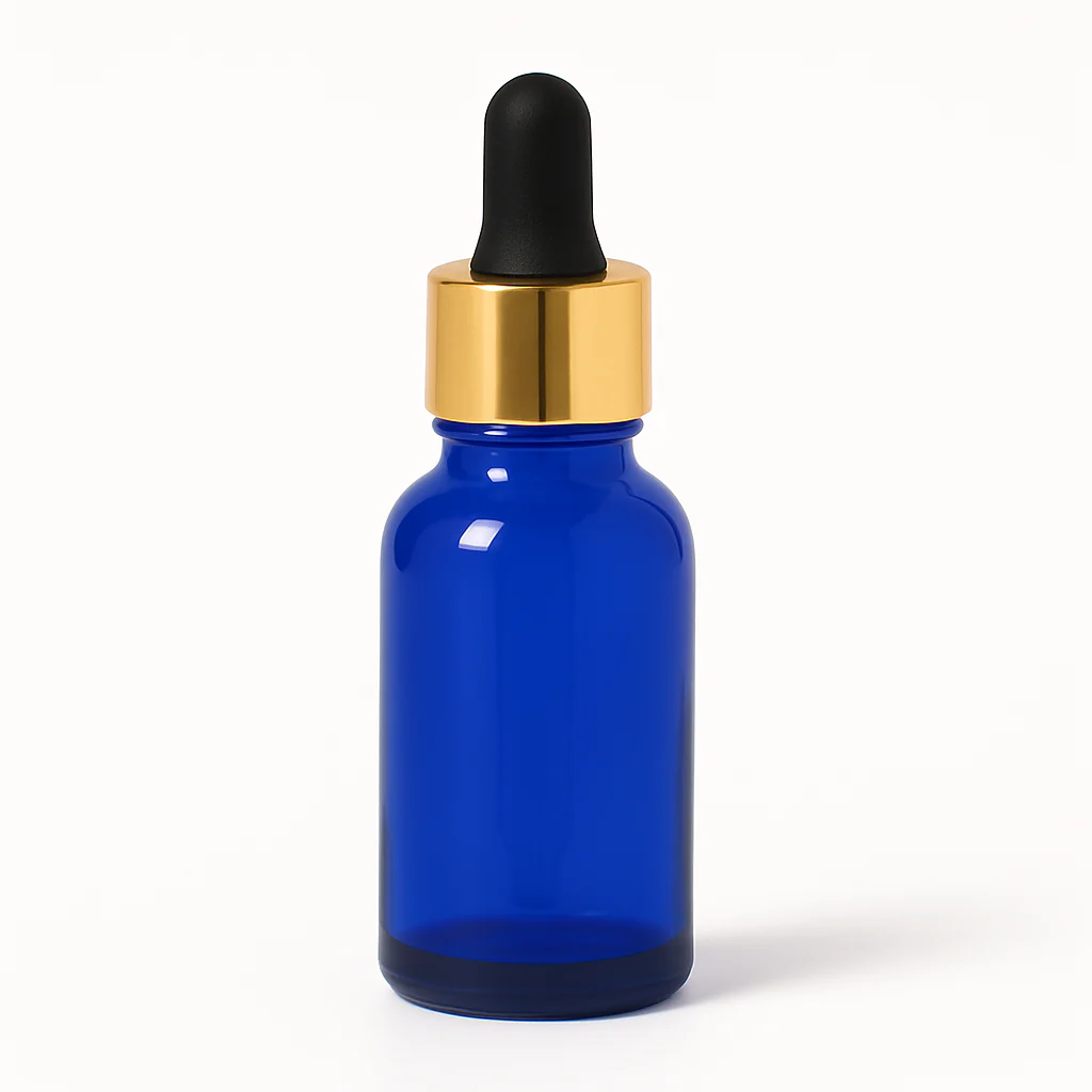 Blue Glass Aromatherapy Bottle 18mm Neck With Pipette Top Gold Collar Black Teat